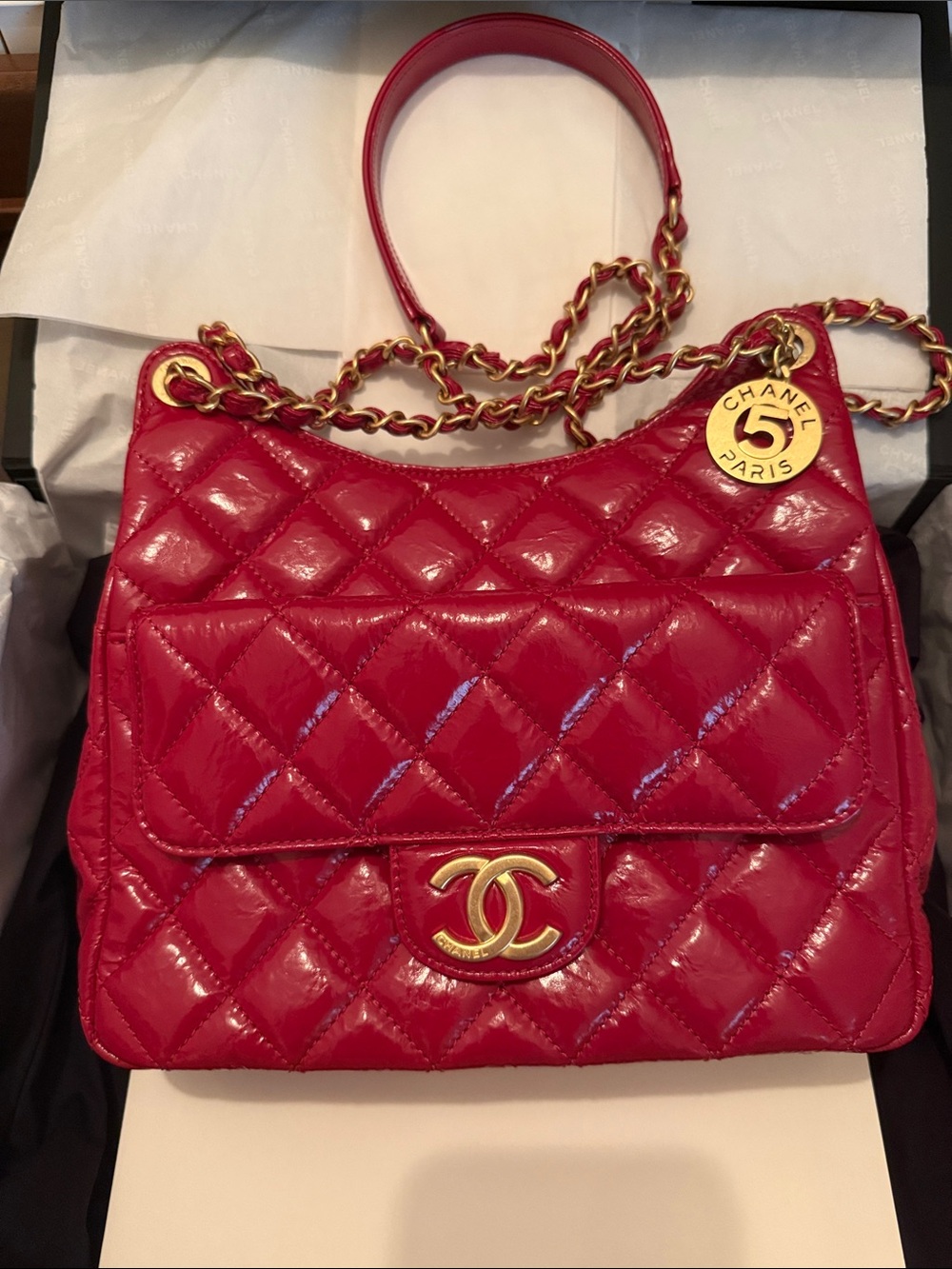 CHANEL Quilted Patent Leather Shoulder Bag in Bright Red with Gold Hardware